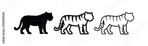 Walking tiger icon set. Striped big cat silhouette and outline symbols. Wild animal pictogram.