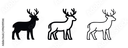 Standing deer with antlers icon set. Stag, buck, or reindeer animal symbols in various styles. Wildlife pictogram.