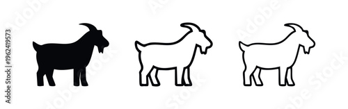 Side view of standing goat icon set. Farm animal and mountain goat symbols. Ranch life pictogram.