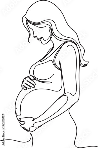Artistic black vector illustration of a pregnant woman silhouette in a yoga pose, showing a mother's body and belly sketch as an outline drawing of health and love for her child