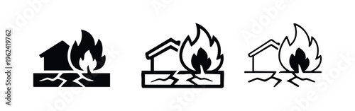 Earthquake and house fire disaster icon set, natural catastrophe