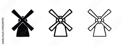 Windmill icon set. Traditional mill symbol. Wind power and agriculture vector illustration.