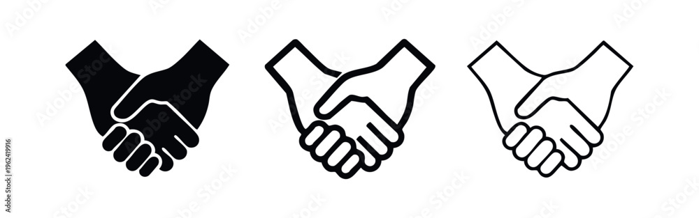 Fototapeta premium Handshake Icon Set - Business Deal and Partnership Agreement Symbols in Solid, Outline, and Thin Line Styles