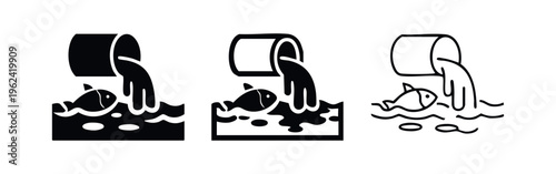 Water pollution icon set with pipe discharging waste into water, harming aquatic life