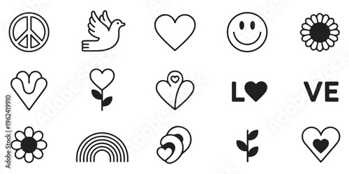 Peace, Love, and Happiness Line Art Icons Set. Retro-Inspired Symbols Including Peace Sign, Heart, Smiley Face, Dove, and Rainbow. Vector Graphic Elements.