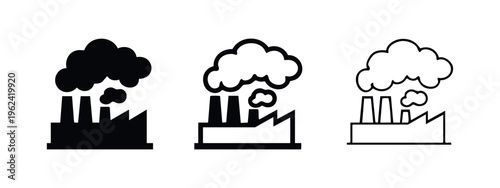 Industrial factory emitting heavy smoke icon set, illustrating severe air pollution
