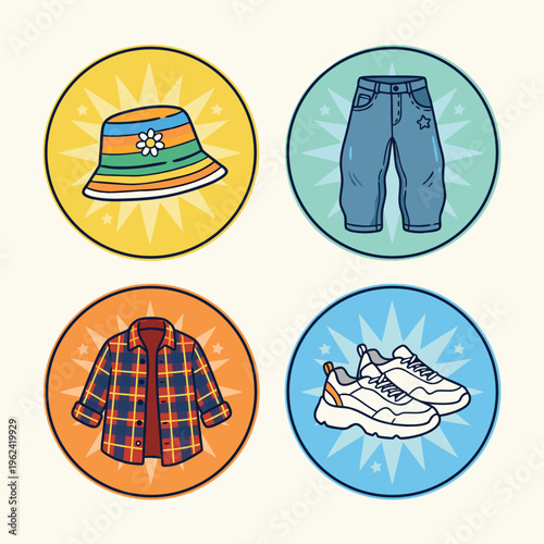 Set of cartoon clothing icons for kids.