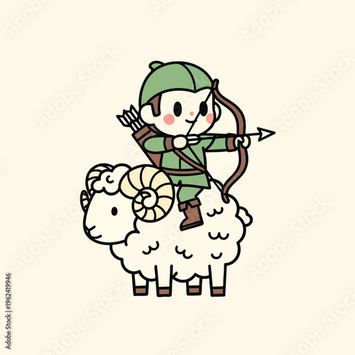 A cartoon archer shoots an arrow while riding a fluffy sheep. The archer wears green and brown, with a bow and quiver