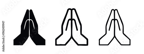Praying hands icon set in solid, thick outline, and thin outline styles. Gesture of prayer, gratitude, and worship.