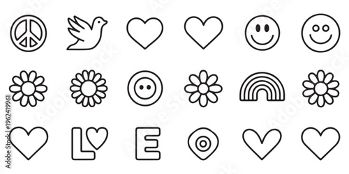 Vintage Peace, Love, and Happiness Line Art Icons. Set Includes Peace Sign, Dove, Hearts, Smiley Faces, Flowers, and Rainbow. Vector Illustration.