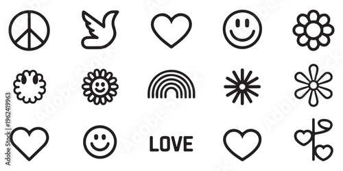 Retro Peace and Love Line Art Icons Collection. Featuring Peace Sign, Dove, Hearts, Smiley Faces, Flowers, and Rainbow. Vector Graphic Elements for Design.