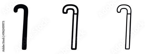 Simple hooked walking cane icon set in solid, thick outline, and thin outline styles. Essential mobility aid symbol.