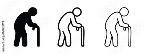 Elderly person with a walking cane icon set in solid, thick outline, and thin outline styles. Symbol of old age, mobility, and support.
