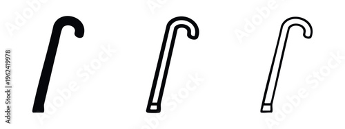 Classic walking cane icon set with a hooked handle in solid, thick outline, and thin outline styles. Mobility aid symbol.