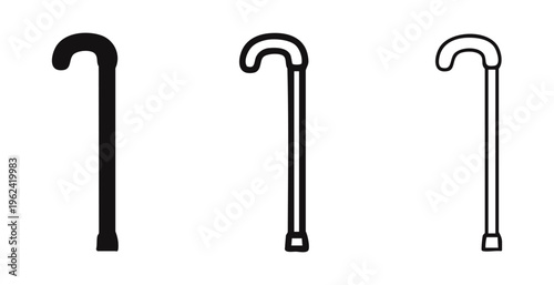 Walking cane icon set with a T-handle in solid, thick outline, and thin outline styles. Mobility and ergonomic support symbol.