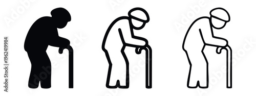 Frail elderly person with a walking cane icon set in solid, thick outline, and thin outline styles. Depicts aging and need for support.