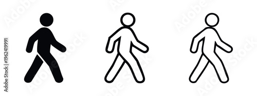 Set of Walking Man Icons in Solid and Outline Styles, Pedestrian Movement Symbol