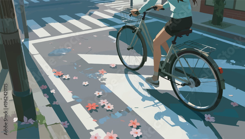 Illustration Of A Bicycle Crossing A Road That Changes Texture From Wet Asphalt To Dry Road With Flower Petals Vector Design Template