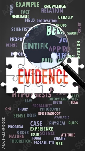 Evidence under magnifying glass, being researched, studied and examined. Most important subjects and ideas closely related to evidence written around a puzzle to symbolize complexity of evidence.