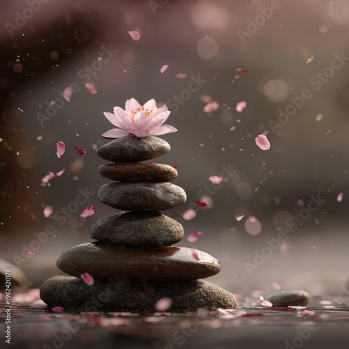 Stacked stones and lotus flower balance serene composition soft focus