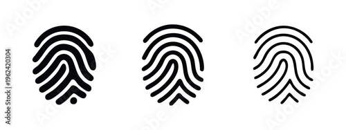 Set of fingerprint icons in flat and outline styles. Biometric identification and security symbol.