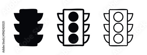 Set of traffic light icons in flat and outline styles. Road safety and regulation symbol.