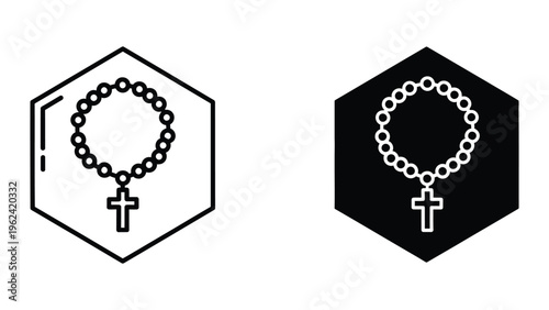 Contrast of religious rosary beads with female symbol in hexagonal frames