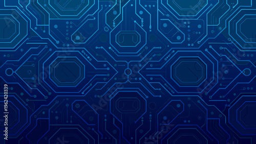 Abstract blue circuit board pattern with hexagonal and circular elements