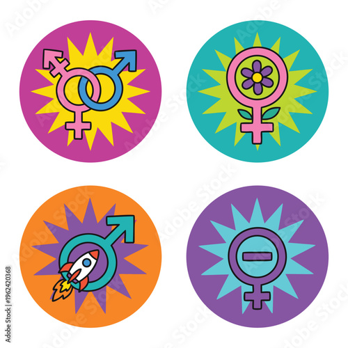 Gender symbols and icons representing diversity and equality.