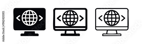 Global Web Development Icons: Monitor with Globe and Code Tags, International Internet Programming