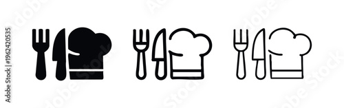 Chef and Kitchen Icon Set: Fork, Knife, and Chef Hat. Culinary and Restaurant Symbols.