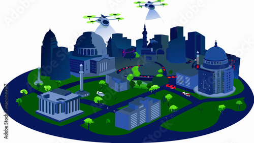 A futuristic cityscape is monitored by a flying drone with a spotlight