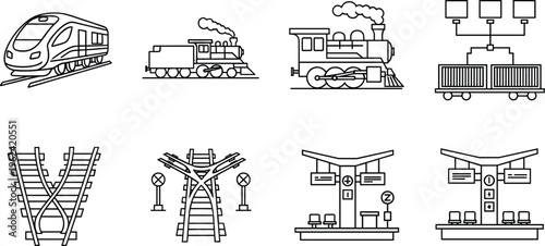 Fényképezés Railway Transportation Icons Set Featuring High-Speed Trains, Steam Locomotives,