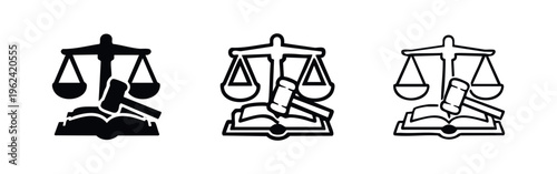 Justice System Icon Set with Balance Scale, Gavel, and Book. Law and Order Symbols in Solid and Outline Styles.
