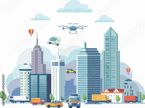 Futuristic cityscape with flying vehicles a drone and colorful buildings