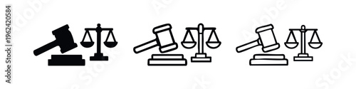 Justice and Law Icon Set with Gavel and Scales. Legal System and Court Symbols in Solid and Outline Styles.