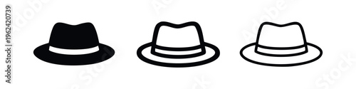 Classic Fedora Hat Icon Set. Fashion Accessory Symbol in Solid, Outline, and Linear Styles.