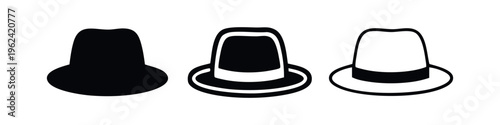 Classic Fedora Hat Icon Set. Elegant Headwear Symbol in Solid, Outline, and Linear Styles.