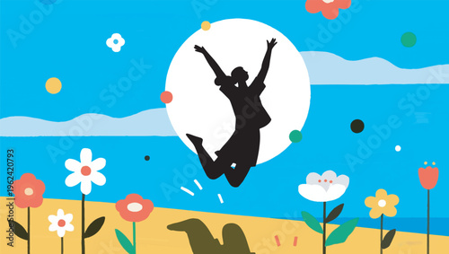Silhouette Illustration Of A Person Jumping Against A Clear Blue Sky And Colorful Flowers Vector Design Template