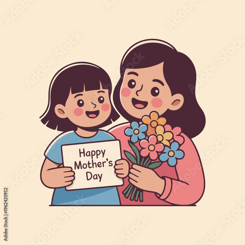 Happy Mothers Day cute mother and daughter hugging, flat vector illustration design 