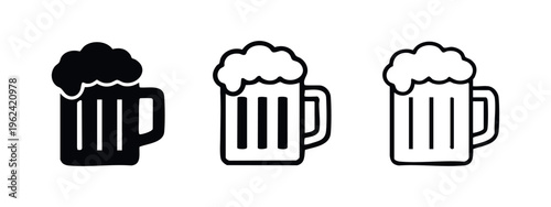 Beer mug icons set. Alcohol drink symbol with foam in different styles.