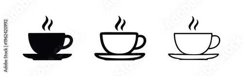 Hot coffee cup icons set with steam. Tea mug symbol on saucer in different styles.