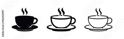 Hot coffee cup icons set with steam. Tea mug symbol on saucer in different styles.