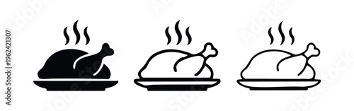 Hot roasted chicken icon set, steaming cooked poultry for dinner or a feast.