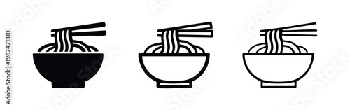Ramen noodle bowl icon set with chopsticks, Asian food and restaurant symbol.