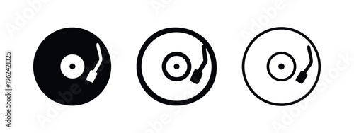 Vinyl Record Player Turntable Icon Set. Retro Music Audio System Symbol in Solid, Outline, and Line Art Style for DJs.