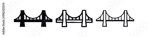 Suspension Bridge Icon Set. Architecture, Engineering, and Infrastructure Symbol in Solid, Outline, and Line Art Style.