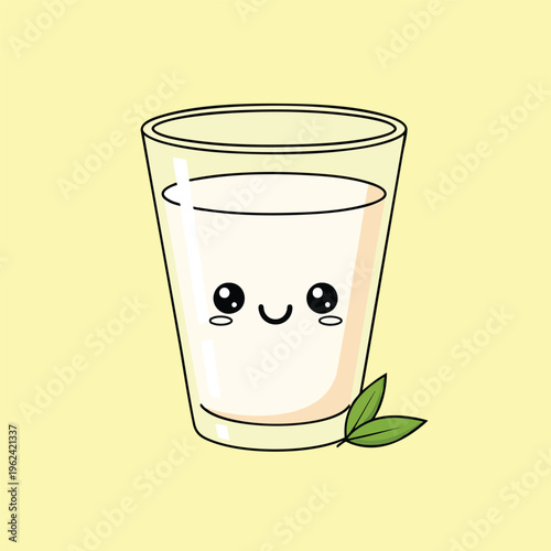 A cute, illustrated glass filled with a milky white liquid, with an animated face. Two green leaves rest on the bottom corner. The background is a soft yellow