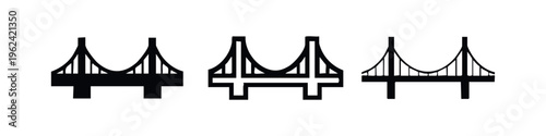Modern Suspension Bridge Icon Set. Urban Architecture and Transport Symbol in Solid, Outline, and Line Art Style.