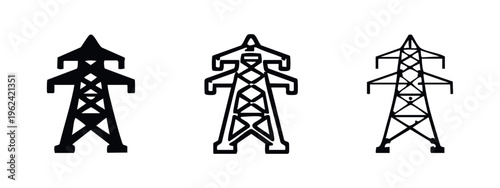 Electricity Pylon Transmission Tower Icon Set. Power Energy Infrastructure Symbol in Solid, Outline, and Line Art Style.